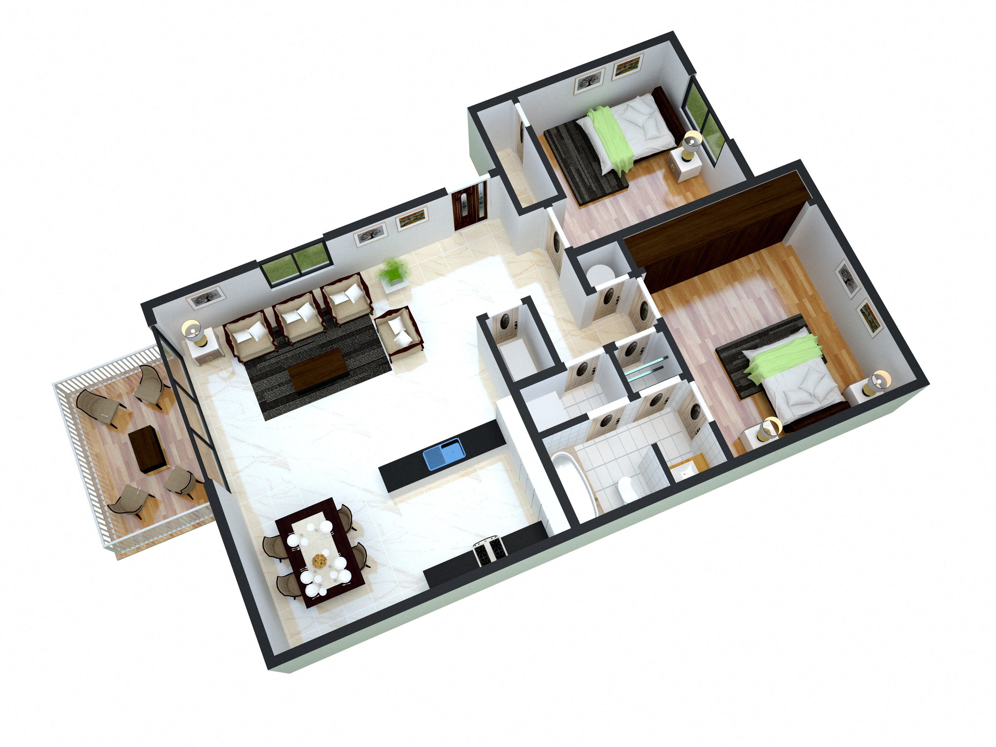 Floor plan for 2 beds, 1 bath, 740 sqft